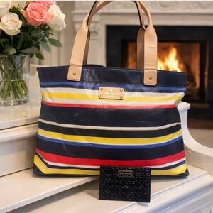Kate Spade Multicolor Striped Tote Bag w/ Black Card Holder Wallet